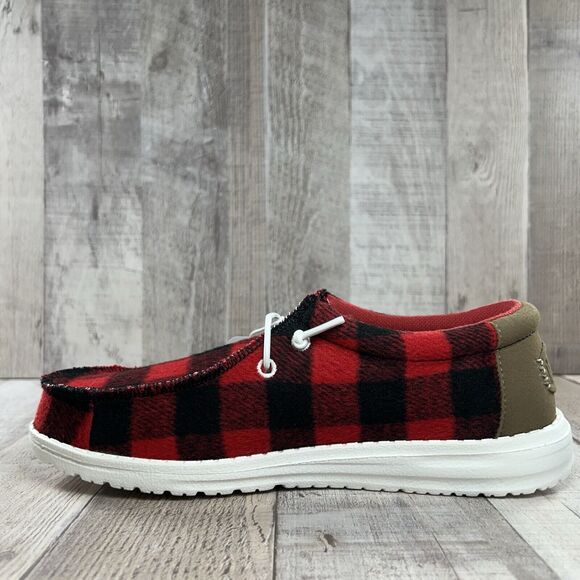 Hey Dude Wally Youth Size 2 Buffalo Plaid Slip On Loafer Sneaker Shoes Red Black - Picture 8 of 11